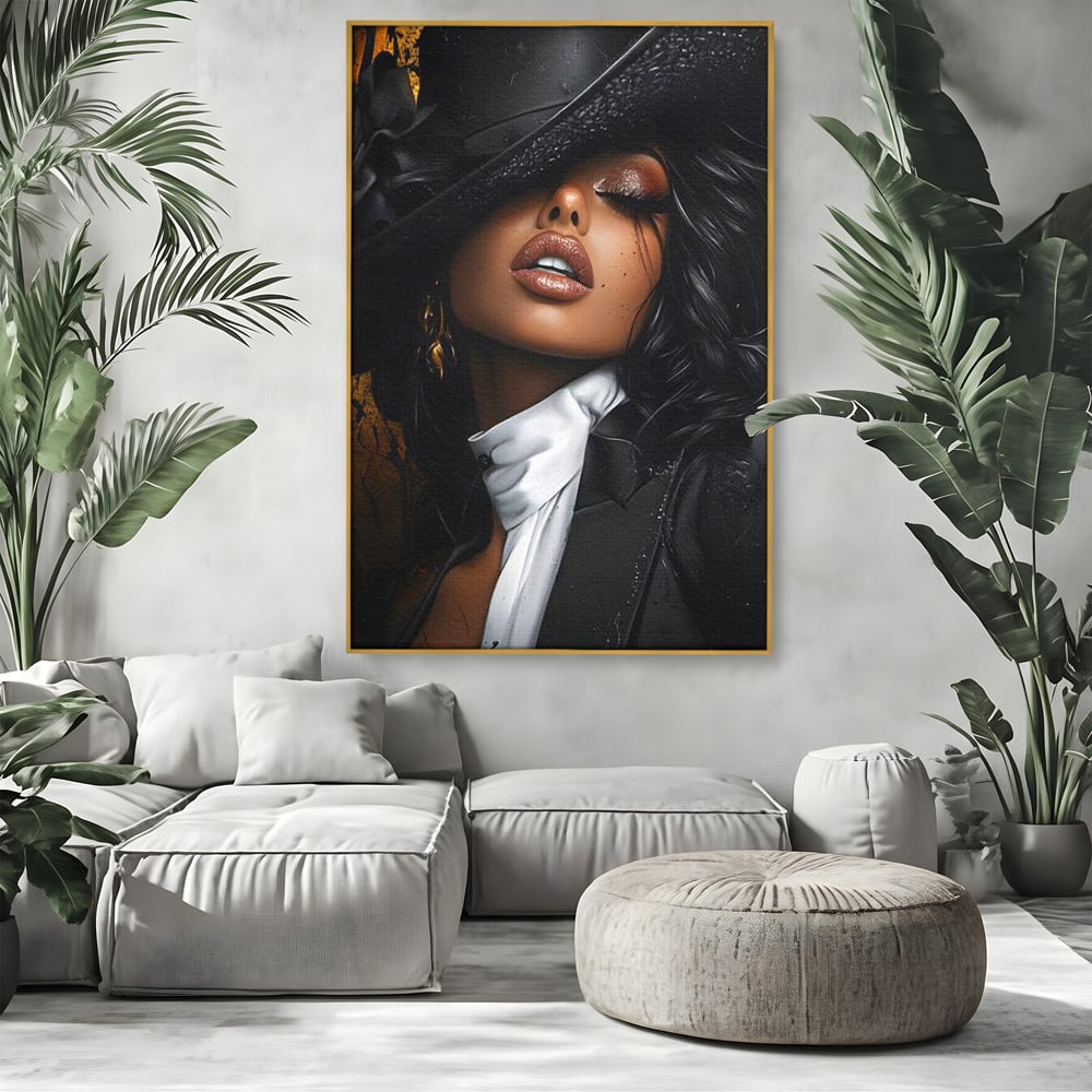 Leinwand Wandbild Canvas Premium, LuxCanva® G1198, Verführung in Faux, Lady, Noir, Joben, Smoking, Samt, Jazz, sinnlich, anspruchsvoll, Theater, Kino, Raffinesse, Dorina, Leidenschaft, Büro, Wohnen, Schlafzimmer
