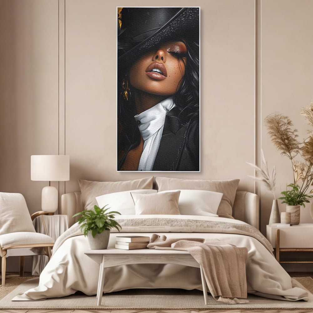 Leinwand Wandbild Canvas Premium, LuxCanva® G1198, Verführung in Faux, Lady, Noir, Joben, Smoking, Samt, Jazz, sinnlich, anspruchsvoll, Theater, Kino, Raffinesse, Dorina, Leidenschaft, Büro, Wohnen, Schlafzimmer