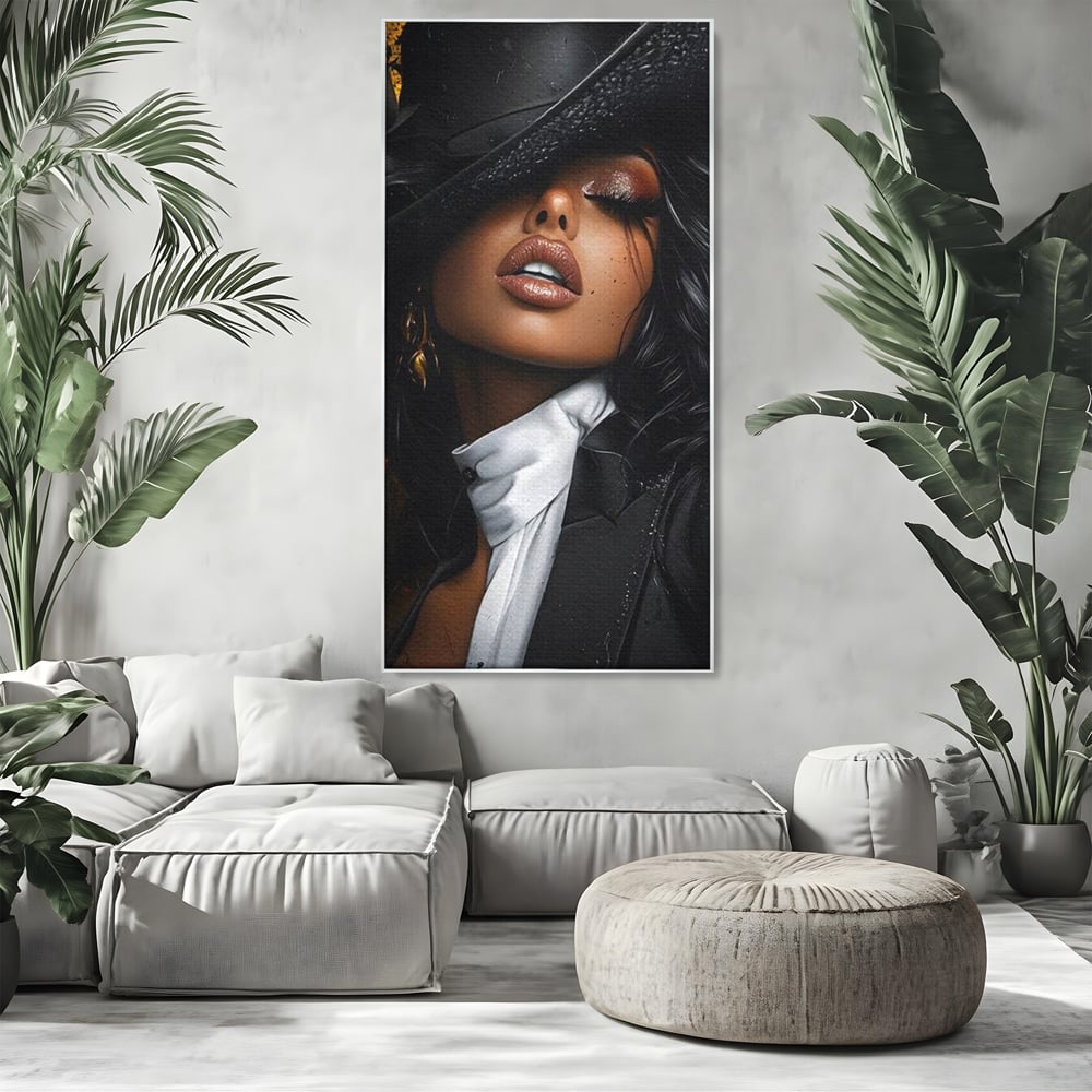 Leinwand Wandbild Canvas Premium, LuxCanva® G1198, Verführung in Faux, Lady, Noir, Joben, Smoking, Samt, Jazz, sinnlich, anspruchsvoll, Theater, Kino, Raffinesse, Dorina, Leidenschaft, Büro, Wohnen, Schlafzimmer