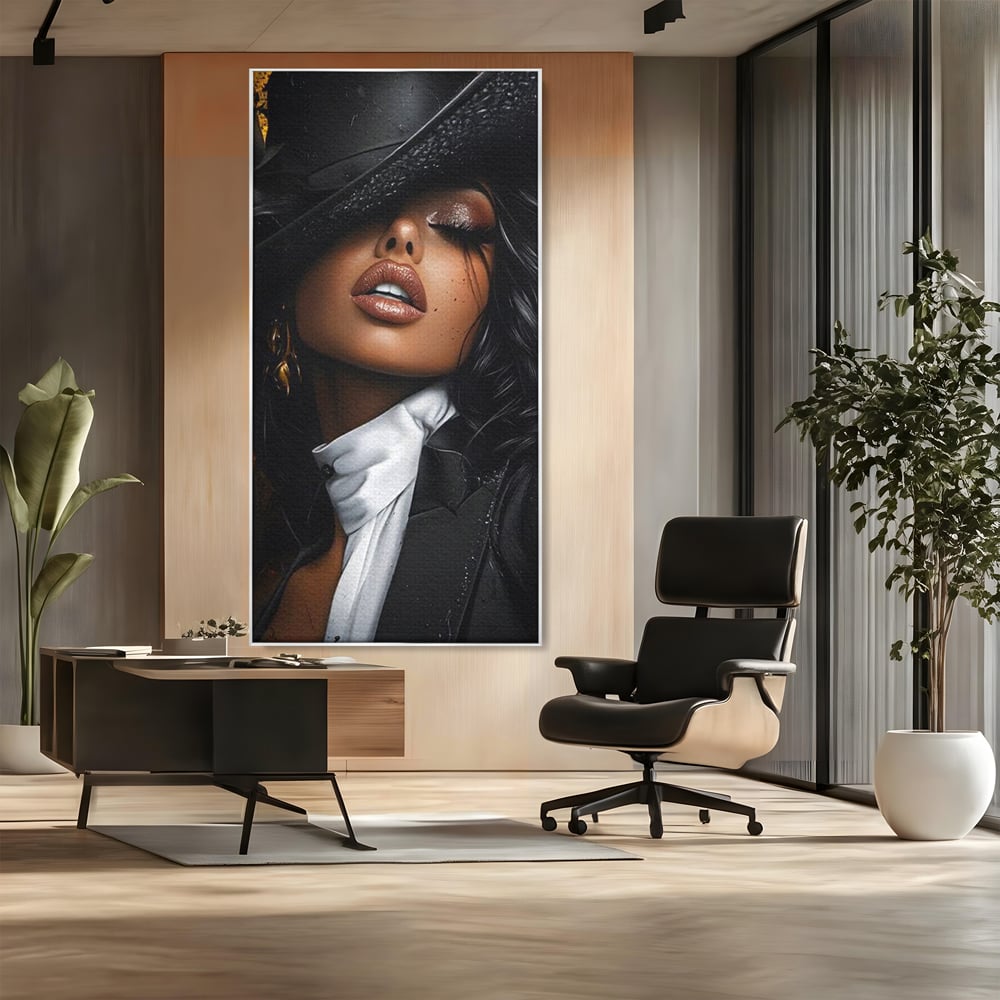 Leinwand Wandbild Canvas Premium, LuxCanva® G1198, Verführung in Faux, Lady, Noir, Joben, Smoking, Samt, Jazz, sinnlich, anspruchsvoll, Theater, Kino, Raffinesse, Dorina, Leidenschaft, Büro, Wohnen, Schlafzimmer