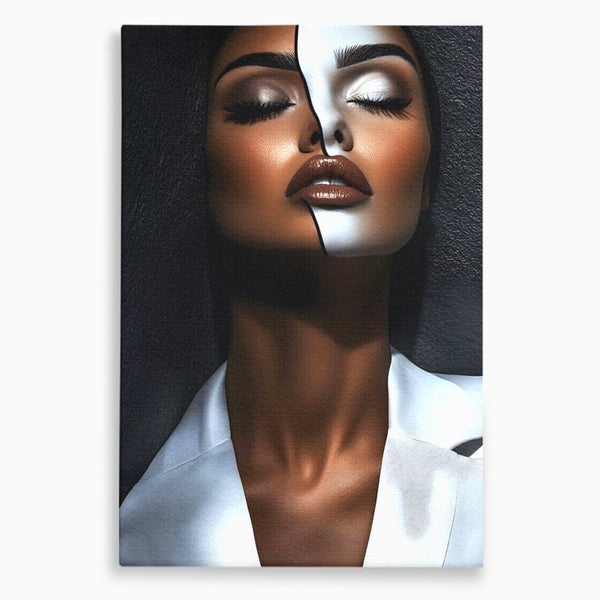 Leinwand Wandkunst Canvas Premium, LuxCanva® G1199, Zwischen zwei Lichtern, Harmonie, Bruch, Linie, Schicksal, Dualität, Chip, Split, Split, Riss, Linien, Metapher, Balance, Weiß, Schwarz, Büro, Wohnen, Schlafzimmer