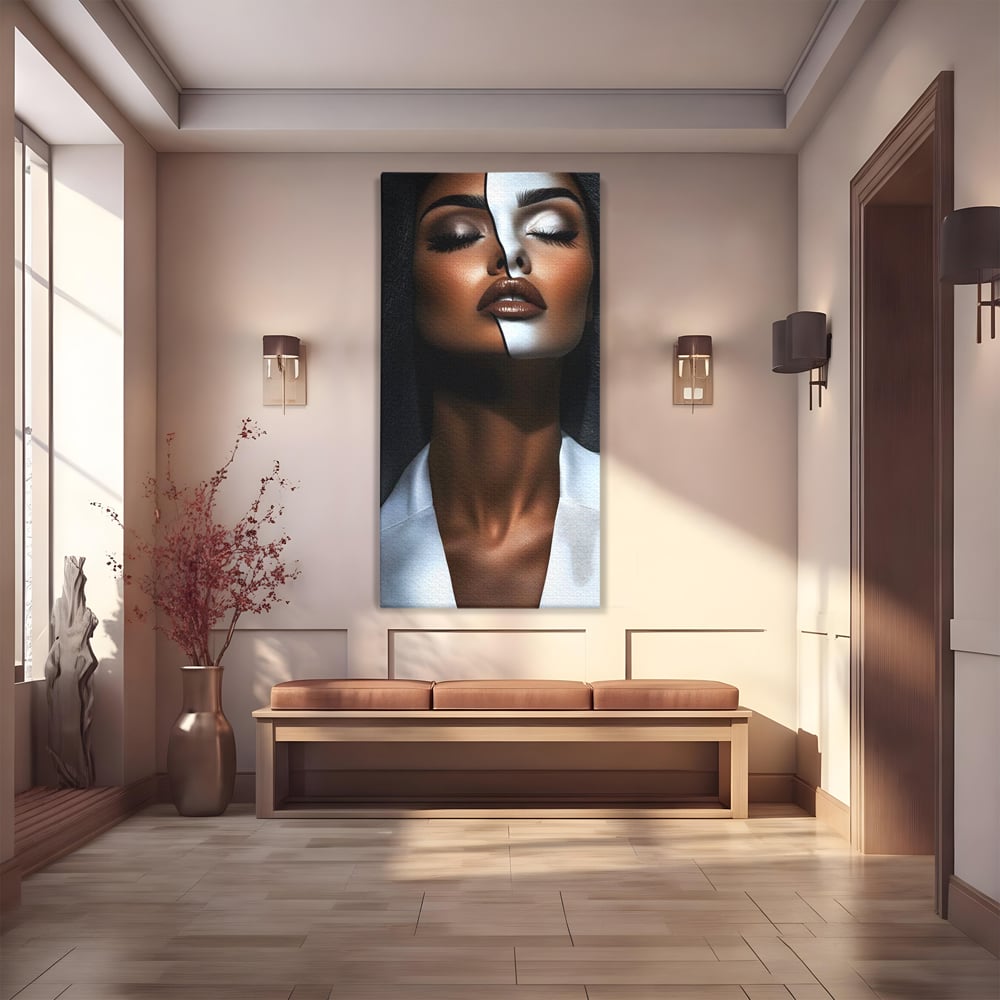 Leinwand Wandkunst Canvas Premium, LuxCanva® G1199, Zwischen zwei Lichtern, Harmonie, Bruch, Linie, Schicksal, Dualität, Chip, Split, Split, Riss, Linien, Metapher, Balance, Weiß, Schwarz, Büro, Wohnen, Schlafzimmer