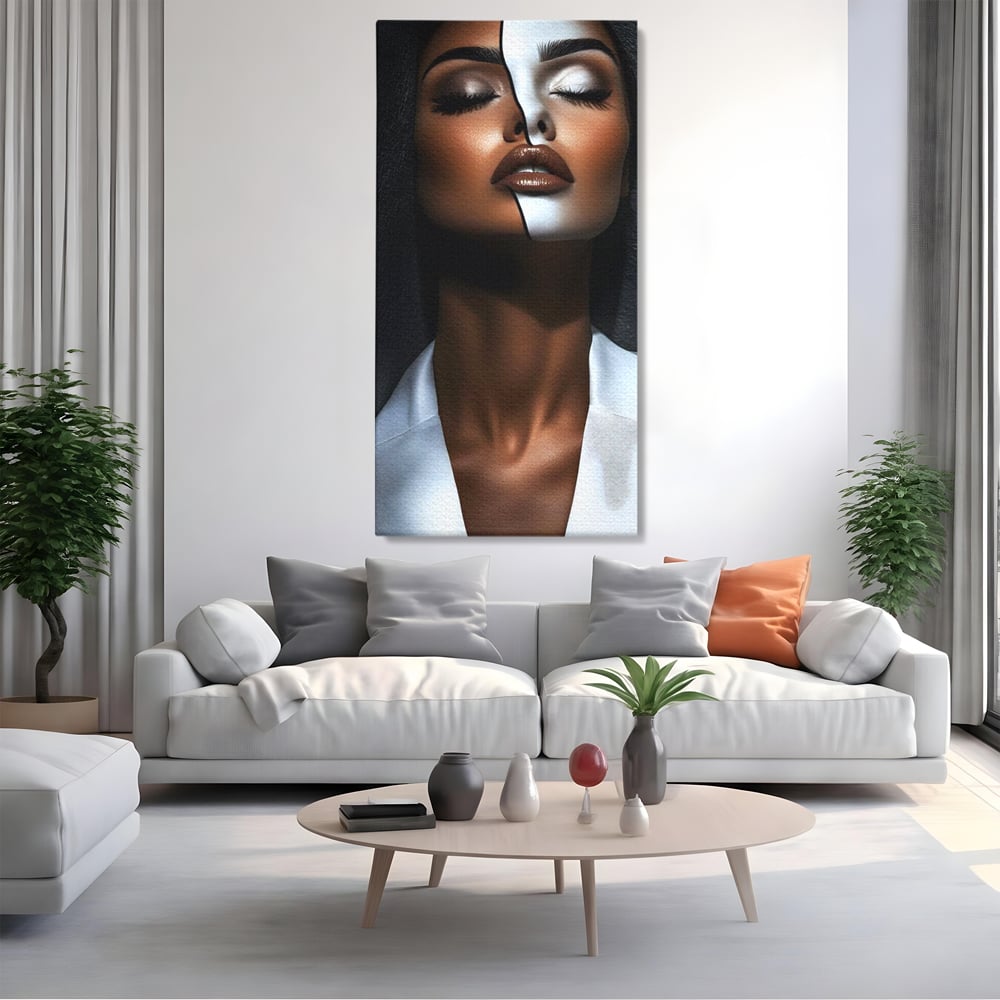 Leinwand Wandkunst Canvas Premium, LuxCanva® G1199, Zwischen zwei Lichtern, Harmonie, Bruch, Linie, Schicksal, Dualität, Chip, Split, Split, Riss, Linien, Metapher, Balance, Weiß, Schwarz, Büro, Wohnen, Schlafzimmer