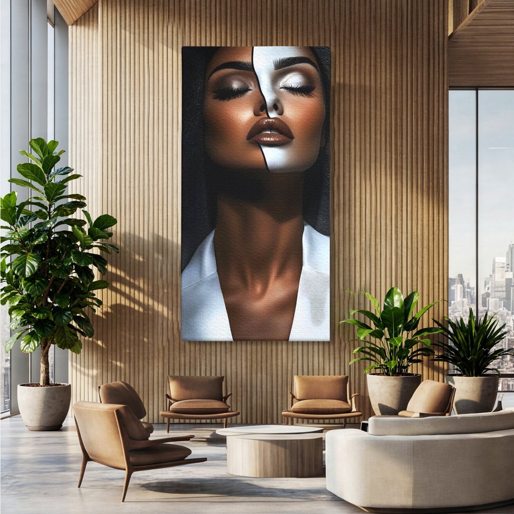 Leinwand Wandkunst Canvas Premium, LuxCanva® G1199, Zwischen zwei Lichtern, Harmonie, Bruch, Linie, Schicksal, Dualität, Chip, Split, Split, Riss, Linien, Metapher, Balance, Weiß, Schwarz, Büro, Wohnen, Schlafzimmer