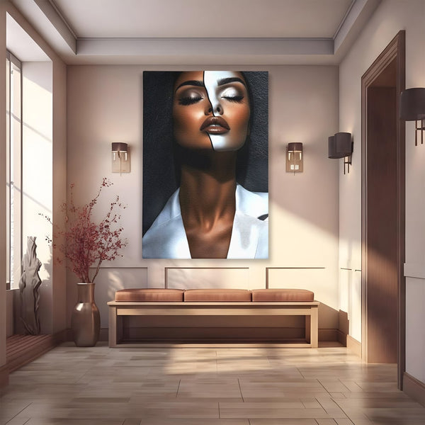 Leinwand Wandkunst Canvas Premium, LuxCanva® G1199, Zwischen zwei Lichtern, Harmonie, Bruch, Linie, Schicksal, Dualität, Chip, Split, Split, Riss, Linien, Metapher, Balance, Weiß, Schwarz, Büro, Wohnen, Schlafzimmer