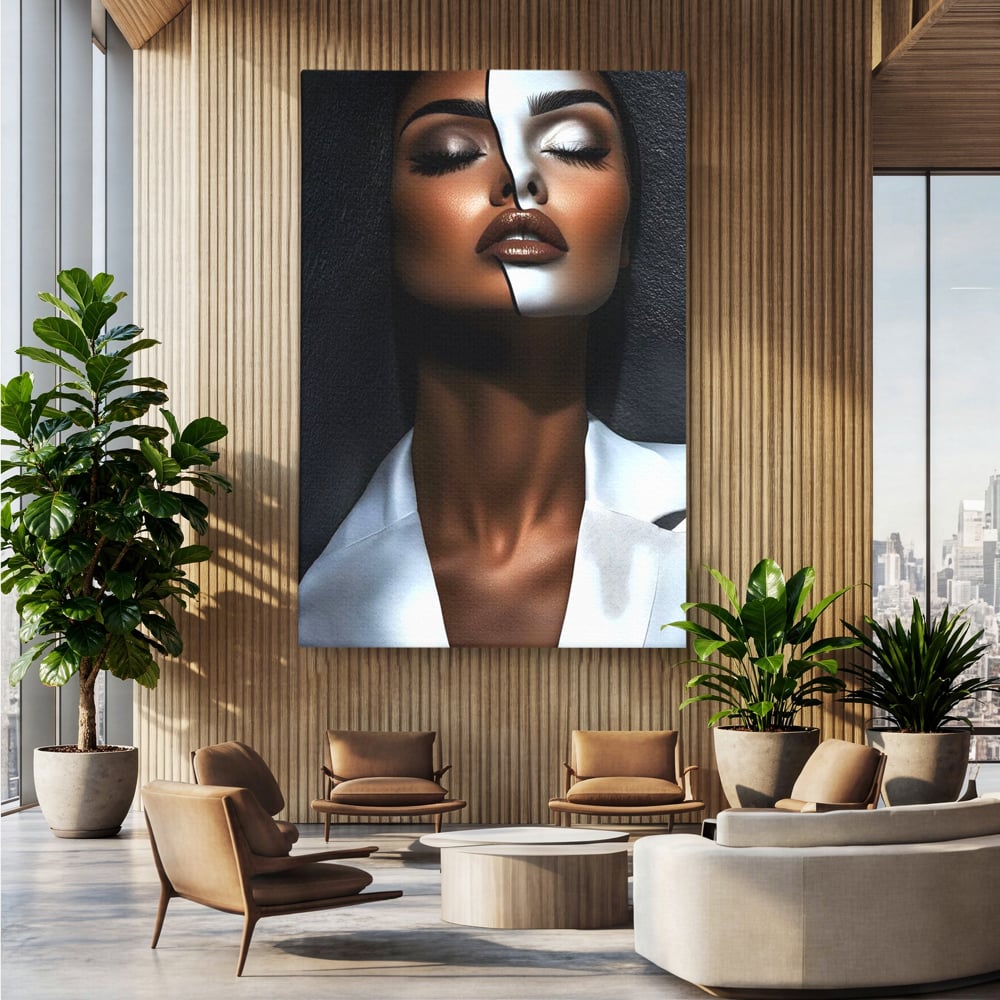 Leinwand Wandkunst Canvas Premium, LuxCanva® G1199, Zwischen zwei Lichtern, Harmonie, Bruch, Linie, Schicksal, Dualität, Chip, Split, Split, Riss, Linien, Metapher, Balance, Weiß, Schwarz, Büro, Wohnen, Schlafzimmer