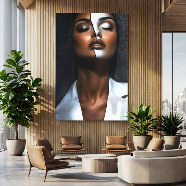 Leinwand Wandkunst Canvas Premium, LuxCanva® G1199, Zwischen zwei Lichtern, Harmonie, Bruch, Linie, Schicksal, Dualität, Chip, Split, Split, Riss, Linien, Metapher, Balance, Weiß, Schwarz, Büro, Wohnen, Schlafzimmer