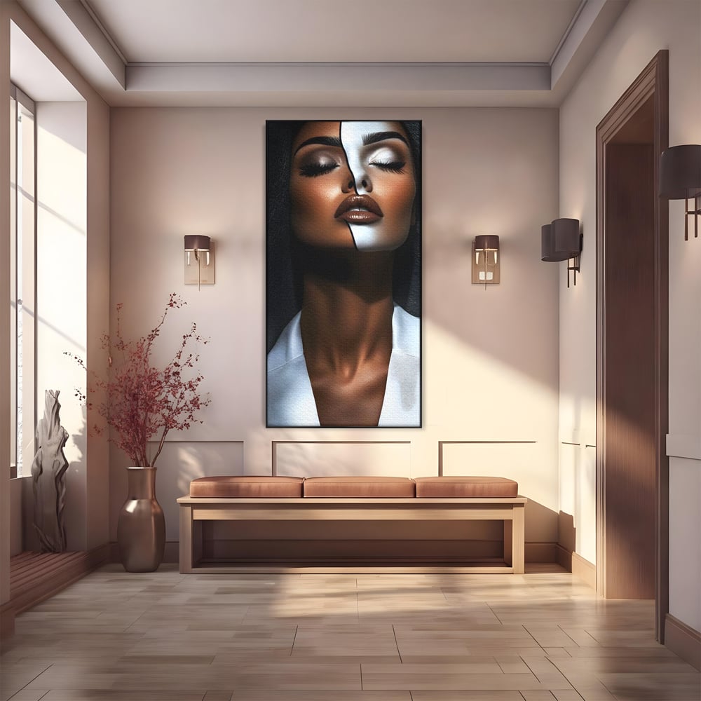 Leinwand Wandkunst Canvas Premium, LuxCanva® G1199, Zwischen zwei Lichtern, Harmonie, Bruch, Linie, Schicksal, Dualität, Chip, Split, Split, Riss, Linien, Metapher, Balance, Weiß, Schwarz, Büro, Wohnen, Schlafzimmer
