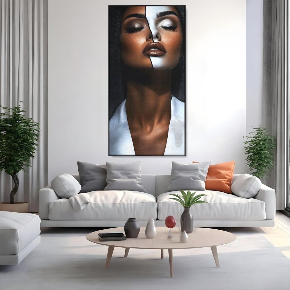 Leinwand Wandkunst Canvas Premium, LuxCanva® G1199, Zwischen zwei Lichtern, Harmonie, Bruch, Linie, Schicksal, Dualität, Chip, Split, Split, Riss, Linien, Metapher, Balance, Weiß, Schwarz, Büro, Wohnen, Schlafzimmer