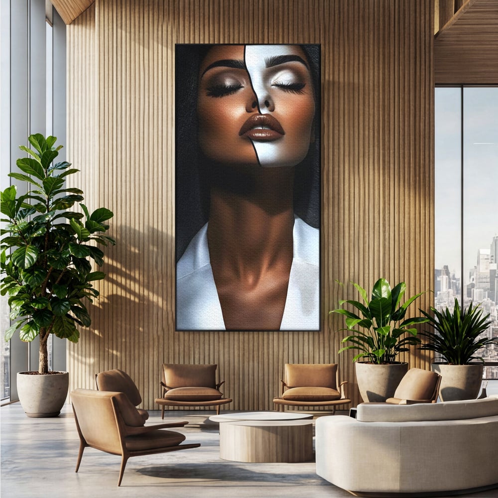 Leinwand Wandkunst Canvas Premium, LuxCanva® G1199, Zwischen zwei Lichtern, Harmonie, Bruch, Linie, Schicksal, Dualität, Chip, Split, Split, Riss, Linien, Metapher, Balance, Weiß, Schwarz, Büro, Wohnen, Schlafzimmer