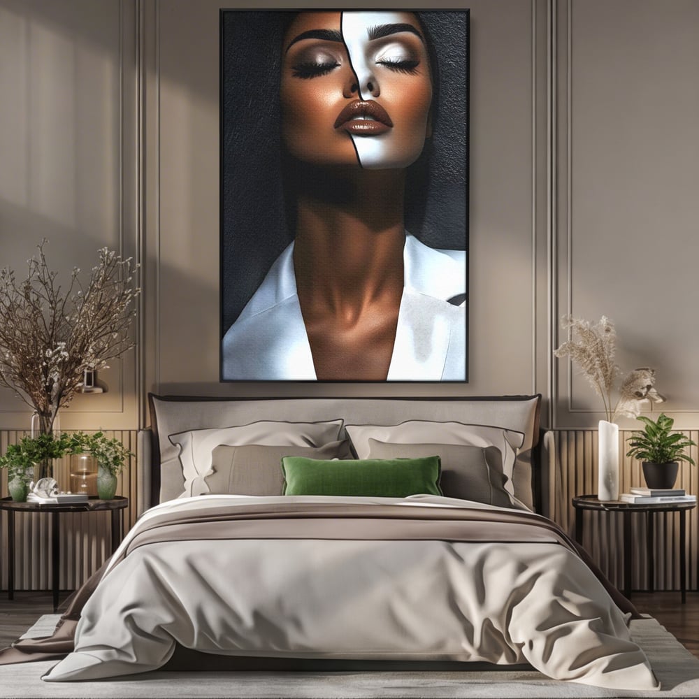 Leinwand Wandkunst Canvas Premium, LuxCanva® G1199, Zwischen zwei Lichtern, Harmonie, Bruch, Linie, Schicksal, Dualität, Chip, Split, Split, Riss, Linien, Metapher, Balance, Weiß, Schwarz, Büro, Wohnen, Schlafzimmer
