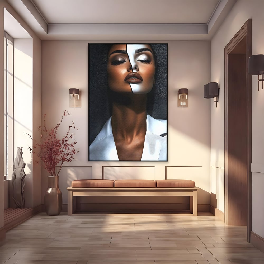 Leinwand Wandkunst Canvas Premium, LuxCanva® G1199, Zwischen zwei Lichtern, Harmonie, Bruch, Linie, Schicksal, Dualität, Chip, Split, Split, Riss, Linien, Metapher, Balance, Weiß, Schwarz, Büro, Wohnen, Schlafzimmer