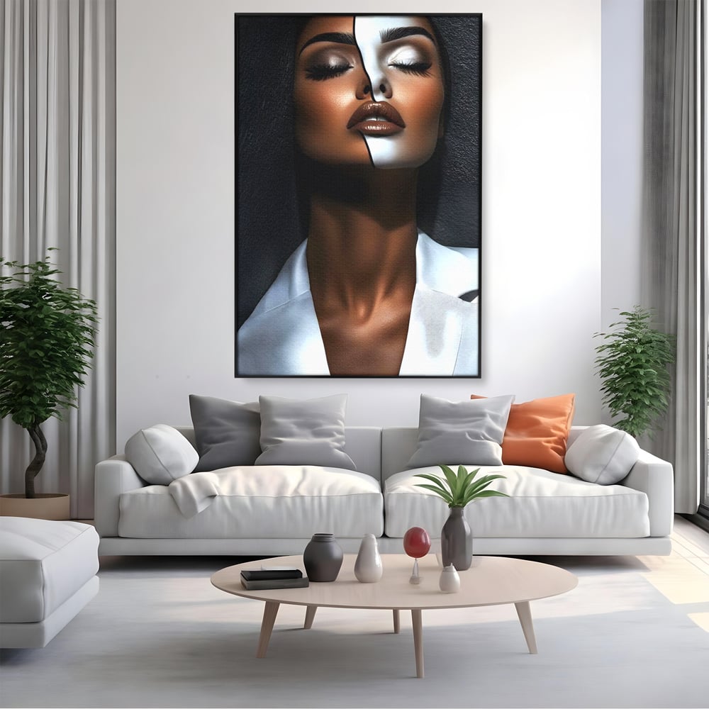 Leinwand Wandkunst Canvas Premium, LuxCanva® G1199, Zwischen zwei Lichtern, Harmonie, Bruch, Linie, Schicksal, Dualität, Chip, Split, Split, Riss, Linien, Metapher, Balance, Weiß, Schwarz, Büro, Wohnen, Schlafzimmer
