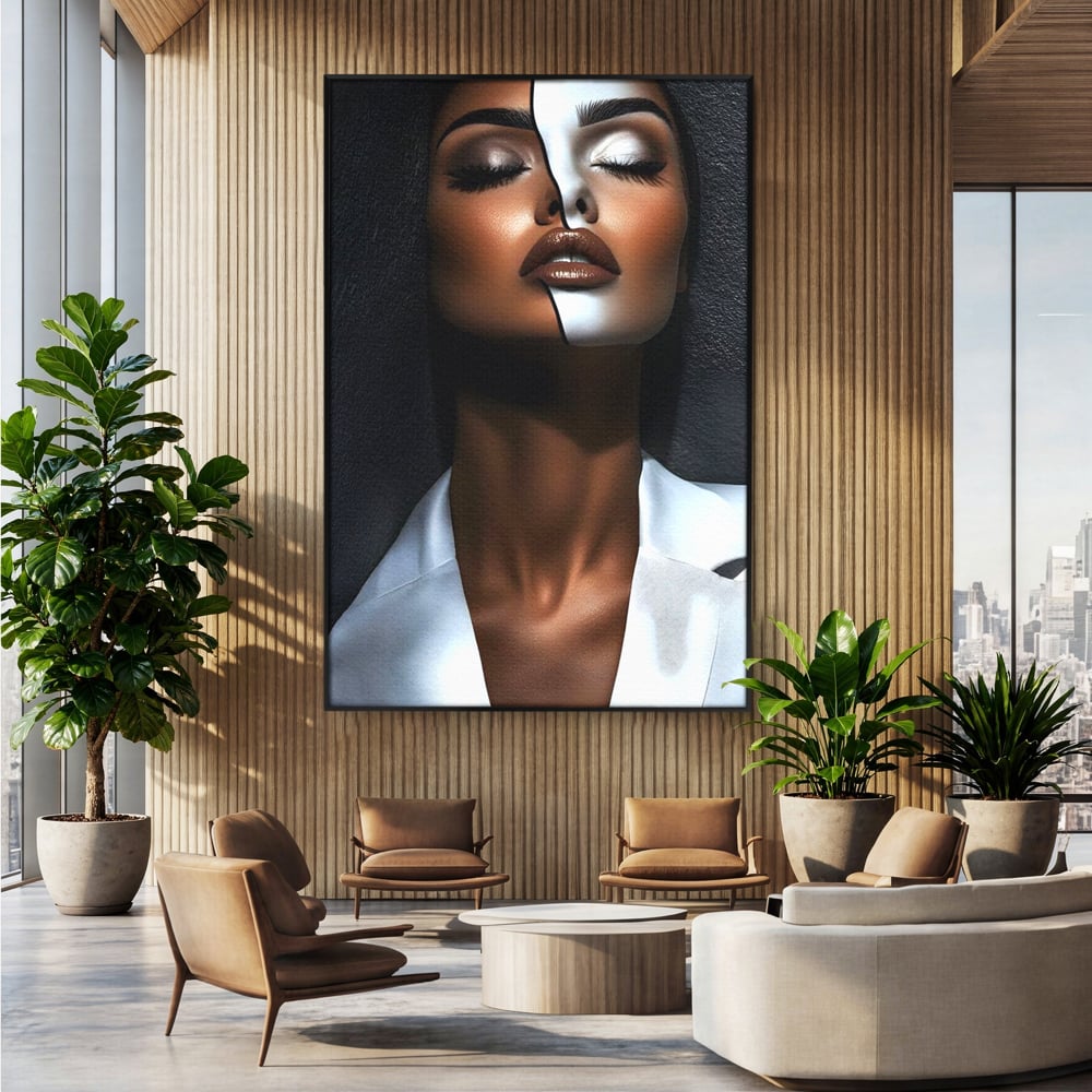 Leinwand Wandkunst Canvas Premium, LuxCanva® G1199, Zwischen zwei Lichtern, Harmonie, Bruch, Linie, Schicksal, Dualität, Chip, Split, Split, Riss, Linien, Metapher, Balance, Weiß, Schwarz, Büro, Wohnen, Schlafzimmer