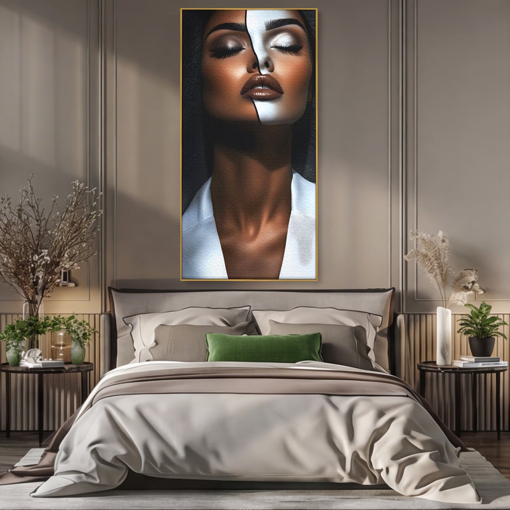 Leinwand Wandkunst Canvas Premium, LuxCanva® G1199, Zwischen zwei Lichtern, Harmonie, Bruch, Linie, Schicksal, Dualität, Chip, Split, Split, Riss, Linien, Metapher, Balance, Weiß, Schwarz, Büro, Wohnen, Schlafzimmer