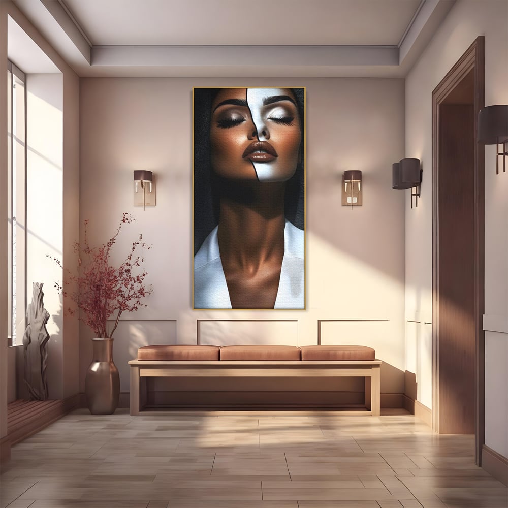 Leinwand Wandkunst Canvas Premium, LuxCanva® G1199, Zwischen zwei Lichtern, Harmonie, Bruch, Linie, Schicksal, Dualität, Chip, Split, Split, Riss, Linien, Metapher, Balance, Weiß, Schwarz, Büro, Wohnen, Schlafzimmer