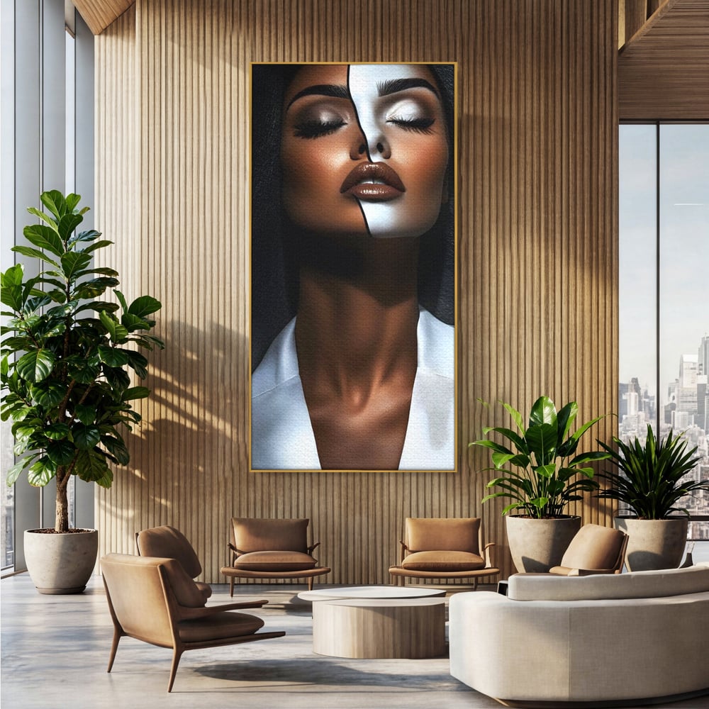 Leinwand Wandkunst Canvas Premium, LuxCanva® G1199, Zwischen zwei Lichtern, Harmonie, Bruch, Linie, Schicksal, Dualität, Chip, Split, Split, Riss, Linien, Metapher, Balance, Weiß, Schwarz, Büro, Wohnen, Schlafzimmer