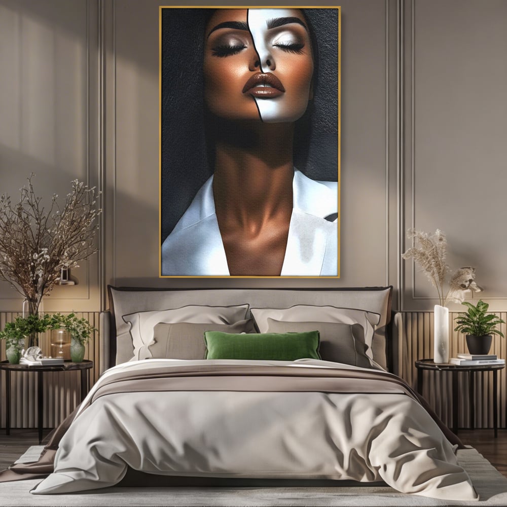 Leinwand Wandkunst Canvas Premium, LuxCanva® G1199, Zwischen zwei Lichtern, Harmonie, Bruch, Linie, Schicksal, Dualität, Chip, Split, Split, Riss, Linien, Metapher, Balance, Weiß, Schwarz, Büro, Wohnen, Schlafzimmer