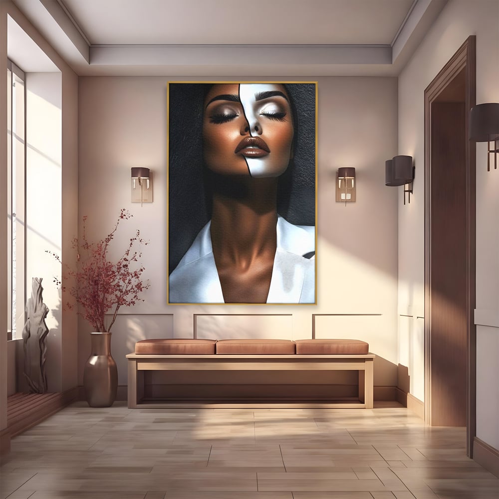 Leinwand Wandkunst Canvas Premium, LuxCanva® G1199, Zwischen zwei Lichtern, Harmonie, Bruch, Linie, Schicksal, Dualität, Chip, Split, Split, Riss, Linien, Metapher, Balance, Weiß, Schwarz, Büro, Wohnen, Schlafzimmer