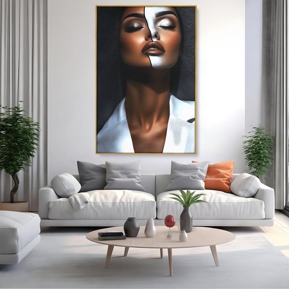 Leinwand Wandkunst Canvas Premium, LuxCanva® G1199, Zwischen zwei Lichtern, Harmonie, Bruch, Linie, Schicksal, Dualität, Chip, Split, Split, Riss, Linien, Metapher, Balance, Weiß, Schwarz, Büro, Wohnen, Schlafzimmer
