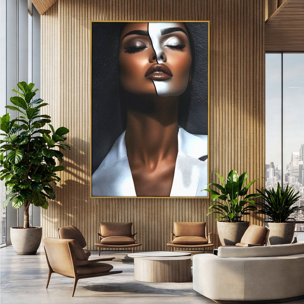 Leinwand Wandkunst Canvas Premium, LuxCanva® G1199, Zwischen zwei Lichtern, Harmonie, Bruch, Linie, Schicksal, Dualität, Chip, Split, Split, Riss, Linien, Metapher, Balance, Weiß, Schwarz, Büro, Wohnen, Schlafzimmer