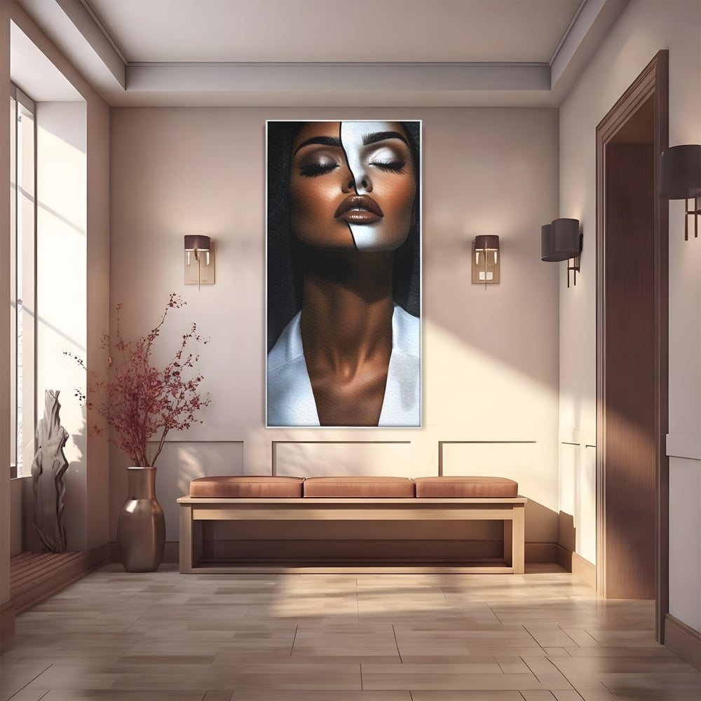 Leinwand Wandkunst Canvas Premium, LuxCanva® G1199, Zwischen zwei Lichtern, Harmonie, Bruch, Linie, Schicksal, Dualität, Chip, Split, Split, Riss, Linien, Metapher, Balance, Weiß, Schwarz, Büro, Wohnen, Schlafzimmer