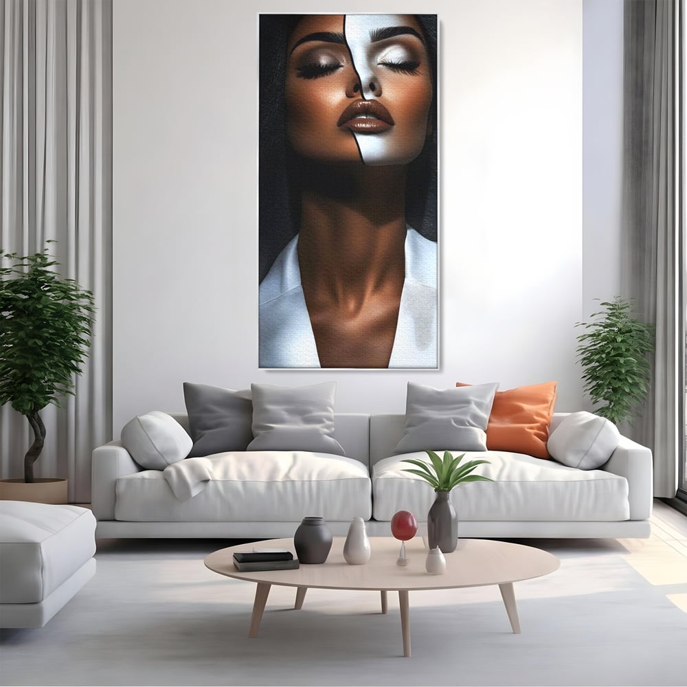 Leinwand Wandkunst Canvas Premium, LuxCanva® G1199, Zwischen zwei Lichtern, Harmonie, Bruch, Linie, Schicksal, Dualität, Chip, Split, Split, Riss, Linien, Metapher, Balance, Weiß, Schwarz, Büro, Wohnen, Schlafzimmer