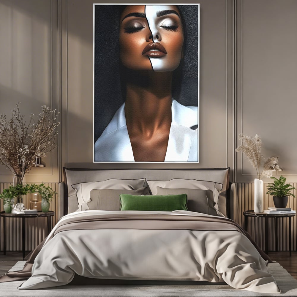 Leinwand Wandkunst Canvas Premium, LuxCanva® G1199, Zwischen zwei Lichtern, Harmonie, Bruch, Linie, Schicksal, Dualität, Chip, Split, Split, Riss, Linien, Metapher, Balance, Weiß, Schwarz, Büro, Wohnen, Schlafzimmer