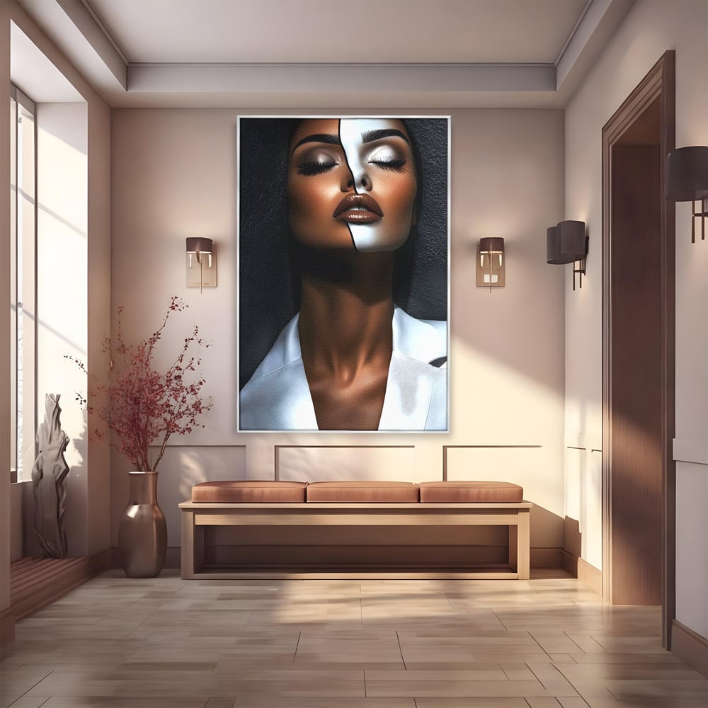 Leinwand Wandkunst Canvas Premium, LuxCanva® G1199, Zwischen zwei Lichtern, Harmonie, Bruch, Linie, Schicksal, Dualität, Chip, Split, Split, Riss, Linien, Metapher, Balance, Weiß, Schwarz, Büro, Wohnen, Schlafzimmer