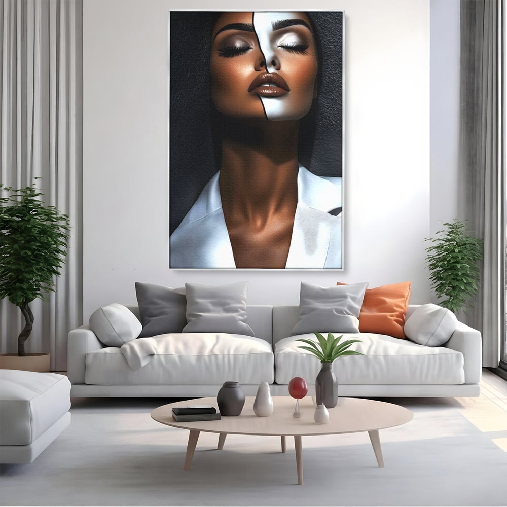 Leinwand Wandkunst Canvas Premium, LuxCanva® G1199, Zwischen zwei Lichtern, Harmonie, Bruch, Linie, Schicksal, Dualität, Chip, Split, Split, Riss, Linien, Metapher, Balance, Weiß, Schwarz, Büro, Wohnen, Schlafzimmer
