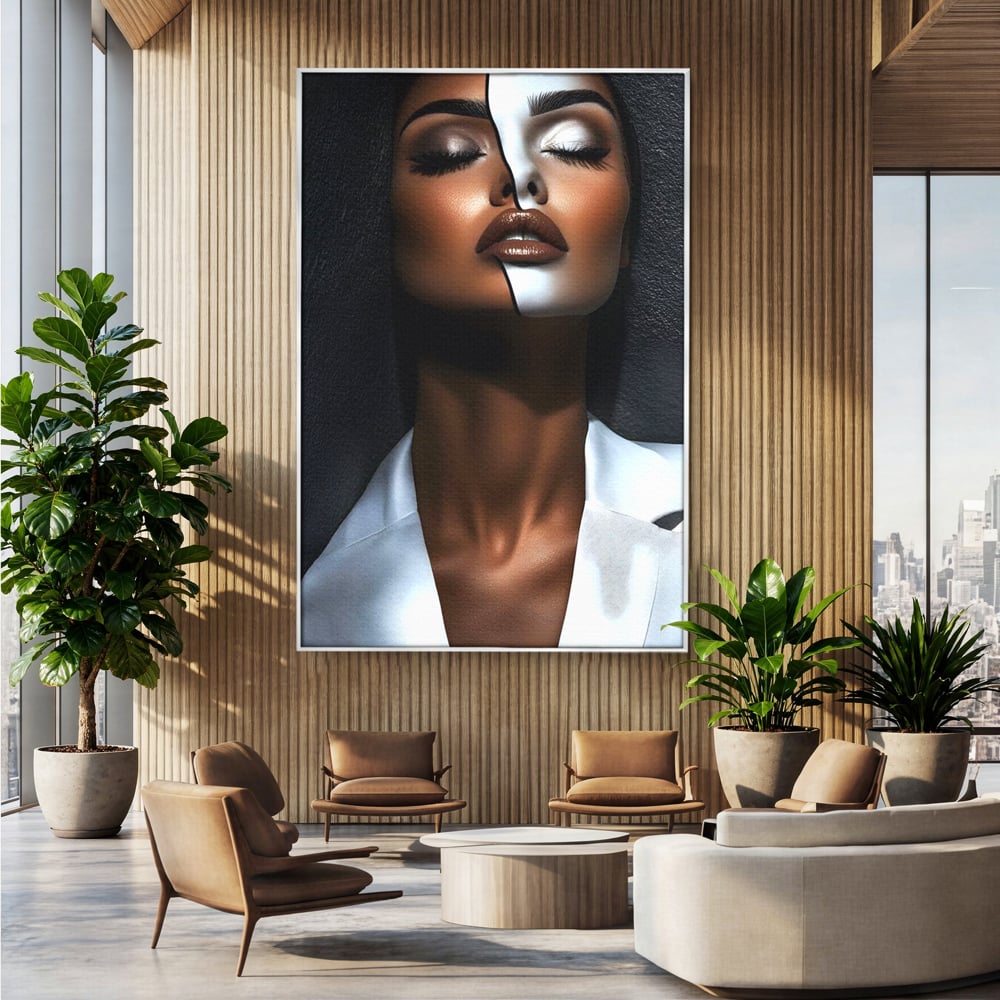 Leinwand Wandkunst Canvas Premium, LuxCanva® G1199, Zwischen zwei Lichtern, Harmonie, Bruch, Linie, Schicksal, Dualität, Chip, Split, Split, Riss, Linien, Metapher, Balance, Weiß, Schwarz, Büro, Wohnen, Schlafzimmer