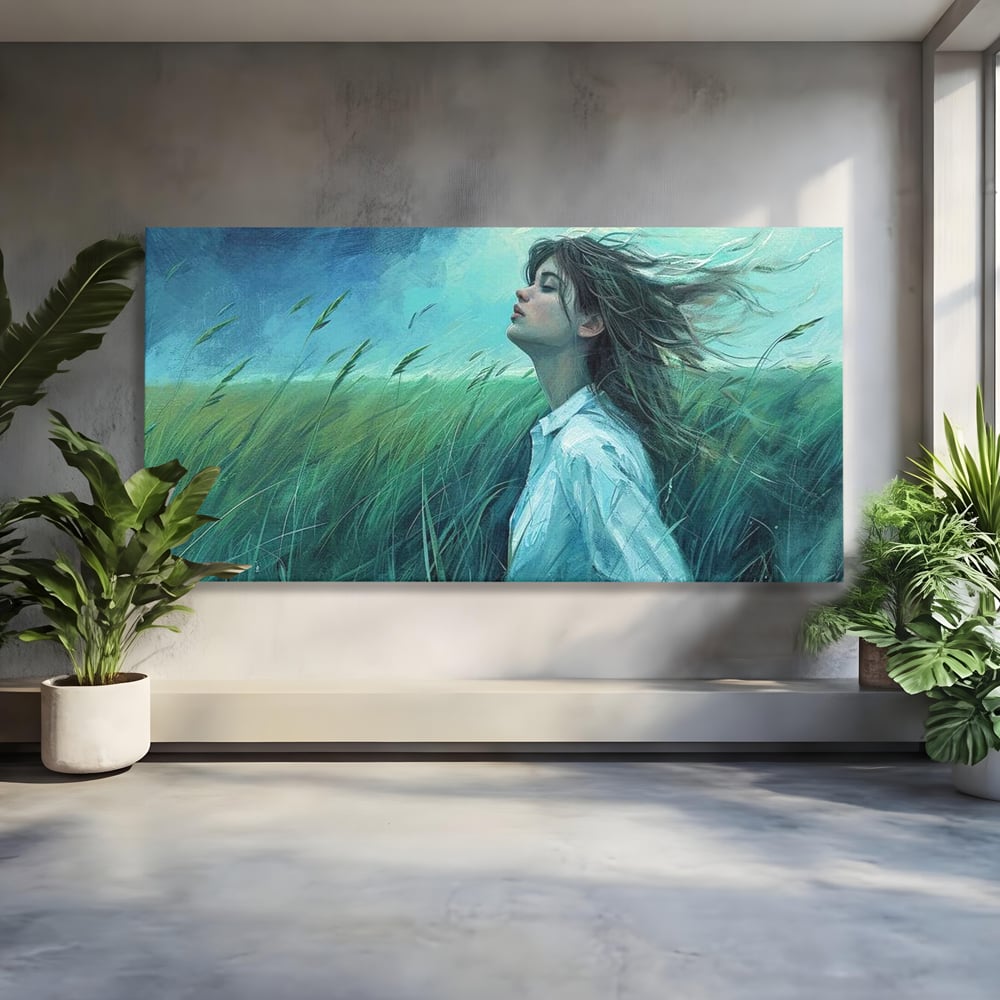 Leinwandbilder Premium, LuxCanva® G1201, Tanz mit dem Himmel, Atmen, Wind, Gesicht, Balance, Universum, Feld, Himmel, Sturm, Unendlichkeit, Erde, Rhythmus, Natur, Feuer, Gras, Leben, Büro, Wohnen, Schlafzimmer