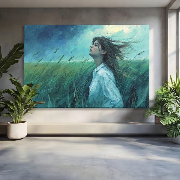 Leinwandbilder Premium, LuxCanva® G1201, Tanz mit dem Himmel, Atmen, Wind, Gesicht, Balance, Universum, Feld, Himmel, Sturm, Unendlichkeit, Erde, Rhythmus, Natur, Feuer, Gras, Leben, Büro, Wohnen, Schlafzimmer