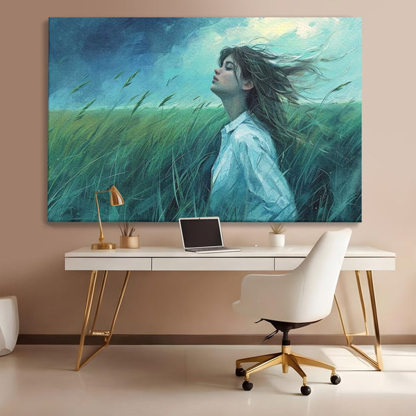 Leinwandbilder Premium, LuxCanva® G1201, Tanz mit dem Himmel, Atmen, Wind, Gesicht, Balance, Universum, Feld, Himmel, Sturm, Unendlichkeit, Erde, Rhythmus, Natur, Feuer, Gras, Leben, Büro, Wohnen, Schlafzimmer
