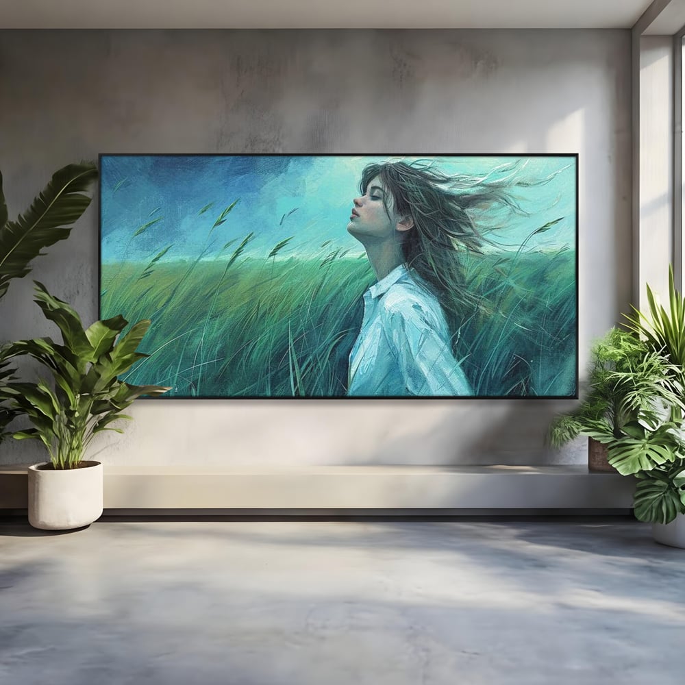 Leinwandbilder Premium, LuxCanva® G1201, Tanz mit dem Himmel, Atmen, Wind, Gesicht, Balance, Universum, Feld, Himmel, Sturm, Unendlichkeit, Erde, Rhythmus, Natur, Feuer, Gras, Leben, Büro, Wohnen, Schlafzimmer