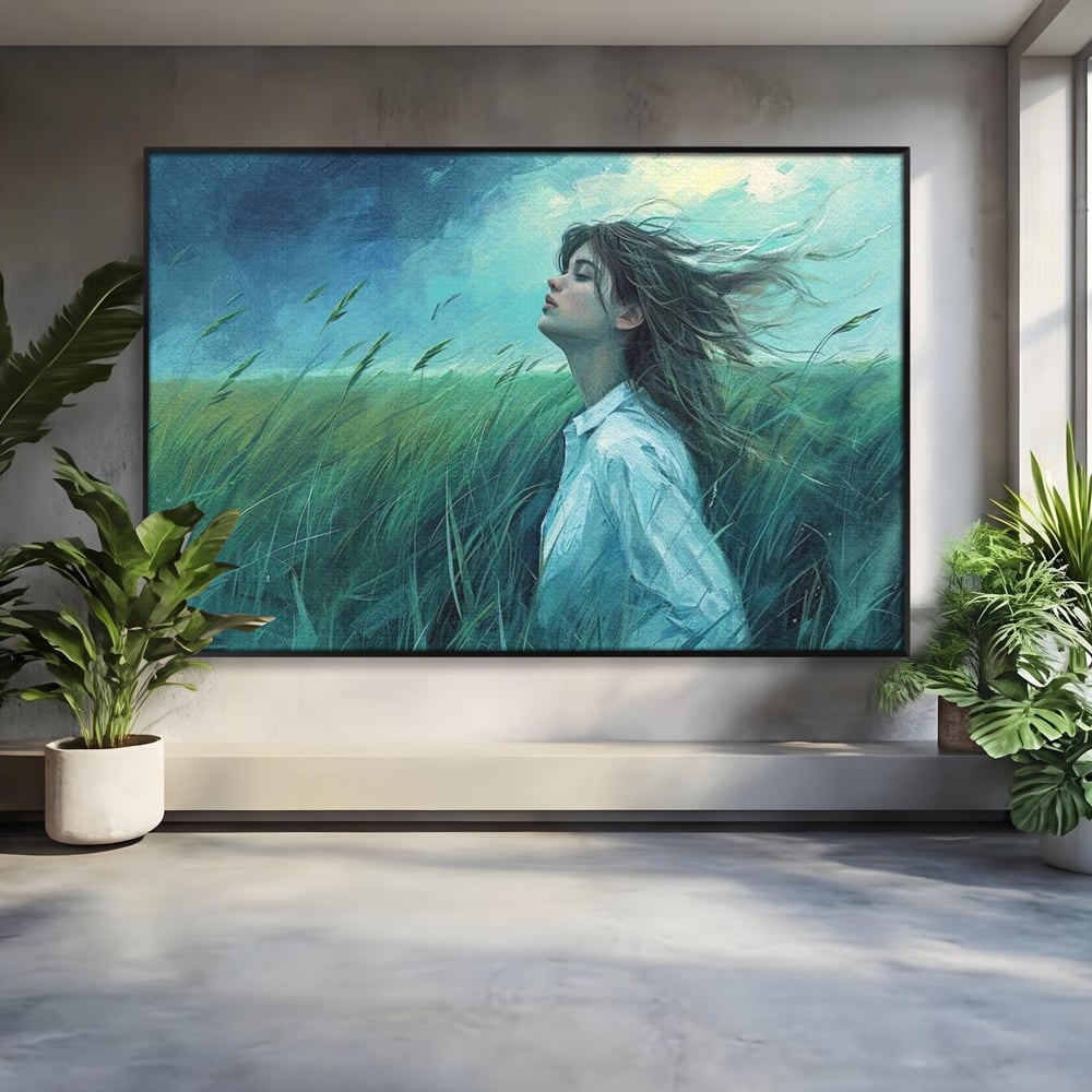 Leinwandbilder Premium, LuxCanva® G1201, Tanz mit dem Himmel, Atmen, Wind, Gesicht, Balance, Universum, Feld, Himmel, Sturm, Unendlichkeit, Erde, Rhythmus, Natur, Feuer, Gras, Leben, Büro, Wohnen, Schlafzimmer
