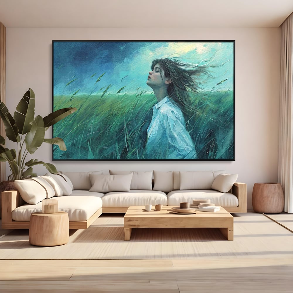 Leinwandbilder Premium, LuxCanva® G1201, Tanz mit dem Himmel, Atmen, Wind, Gesicht, Balance, Universum, Feld, Himmel, Sturm, Unendlichkeit, Erde, Rhythmus, Natur, Feuer, Gras, Leben, Büro, Wohnen, Schlafzimmer