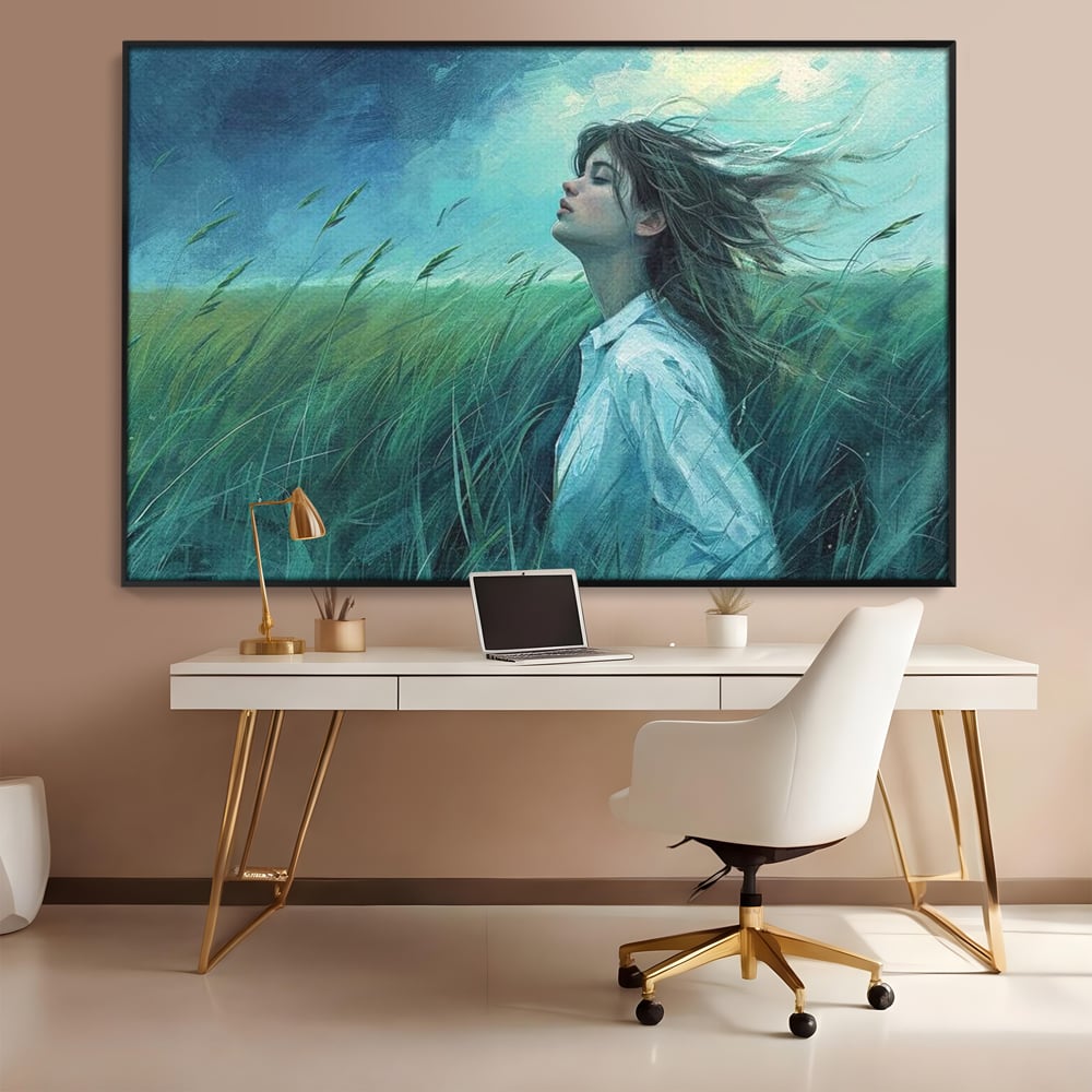 Leinwandbilder Premium, LuxCanva® G1201, Tanz mit dem Himmel, Atmen, Wind, Gesicht, Balance, Universum, Feld, Himmel, Sturm, Unendlichkeit, Erde, Rhythmus, Natur, Feuer, Gras, Leben, Büro, Wohnen, Schlafzimmer