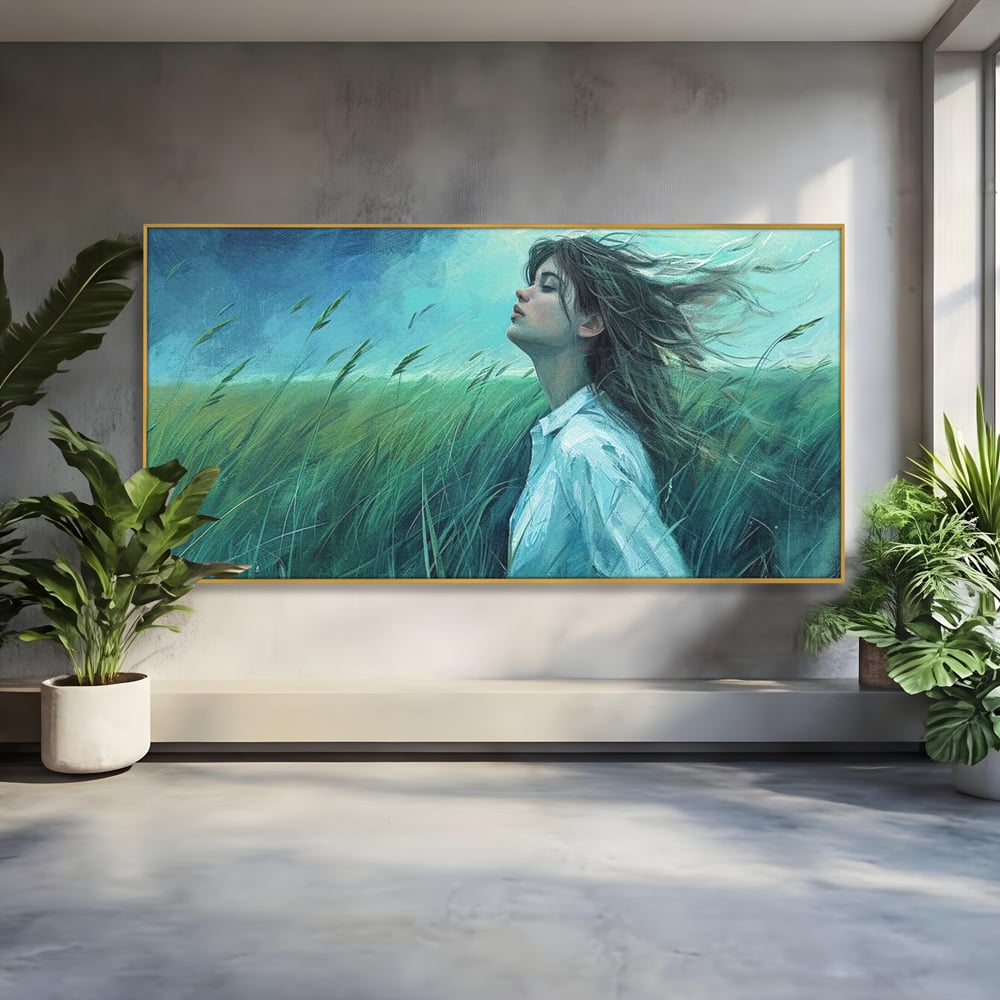 Leinwandbilder Premium, LuxCanva® G1201, Tanz mit dem Himmel, Atmen, Wind, Gesicht, Balance, Universum, Feld, Himmel, Sturm, Unendlichkeit, Erde, Rhythmus, Natur, Feuer, Gras, Leben, Büro, Wohnen, Schlafzimmer