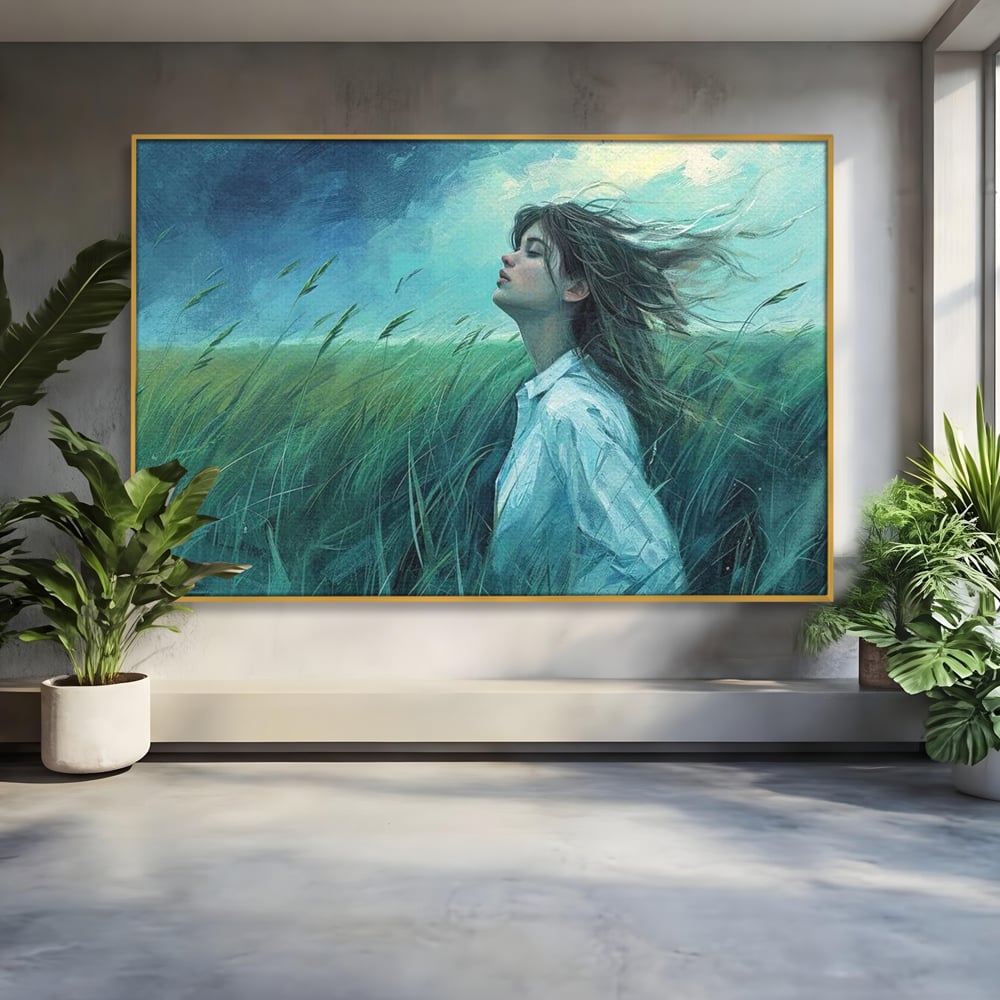 Leinwandbilder Premium, LuxCanva® G1201, Tanz mit dem Himmel, Atmen, Wind, Gesicht, Balance, Universum, Feld, Himmel, Sturm, Unendlichkeit, Erde, Rhythmus, Natur, Feuer, Gras, Leben, Büro, Wohnen, Schlafzimmer