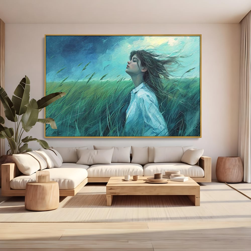 Leinwandbilder Premium, LuxCanva® G1201, Tanz mit dem Himmel, Atmen, Wind, Gesicht, Balance, Universum, Feld, Himmel, Sturm, Unendlichkeit, Erde, Rhythmus, Natur, Feuer, Gras, Leben, Büro, Wohnen, Schlafzimmer
