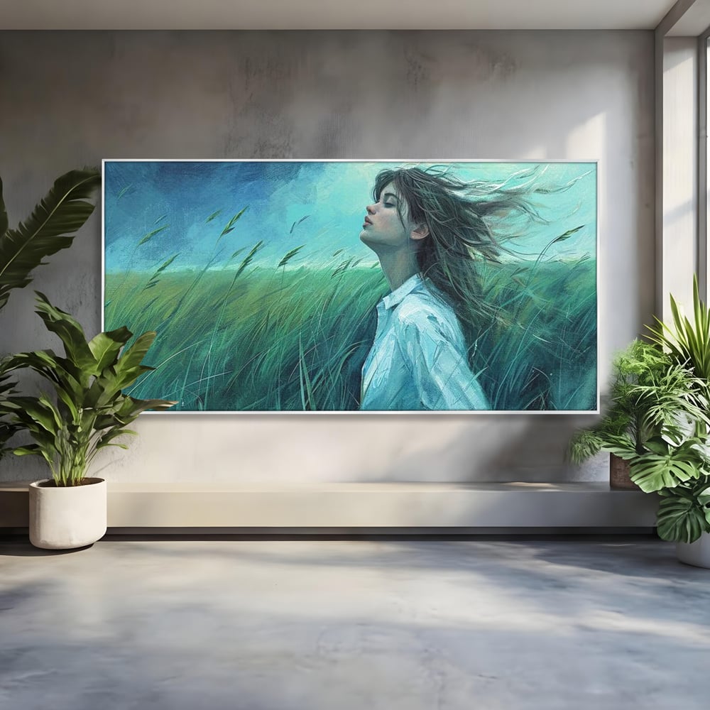 Leinwandbilder Premium, LuxCanva® G1201, Tanz mit dem Himmel, Atmen, Wind, Gesicht, Balance, Universum, Feld, Himmel, Sturm, Unendlichkeit, Erde, Rhythmus, Natur, Feuer, Gras, Leben, Büro, Wohnen, Schlafzimmer