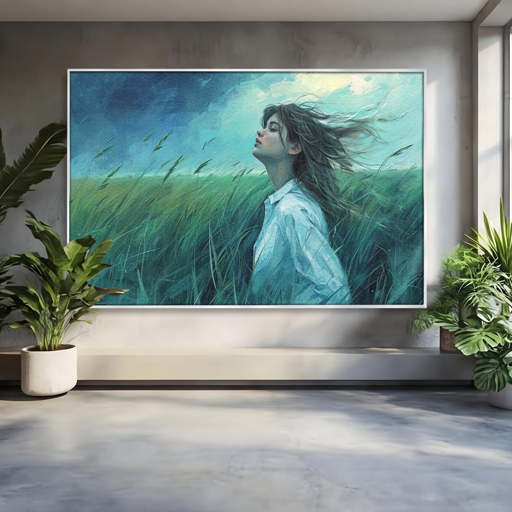 Leinwandbilder Premium, LuxCanva® G1201, Tanz mit dem Himmel, Atmen, Wind, Gesicht, Balance, Universum, Feld, Himmel, Sturm, Unendlichkeit, Erde, Rhythmus, Natur, Feuer, Gras, Leben, Büro, Wohnen, Schlafzimmer