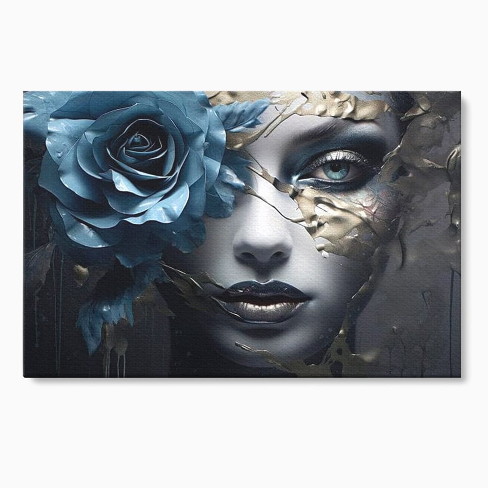 Tablou Canvas Premium, LuxCanva® G1202, Chip in Reconstructie, Cicatrici, Auriu, Albastru, Trandafir, Chip, Metamorfoza, Imposibil, Fisura, Poezie, Emotie, Gotic, Birou, Living, Dormitor