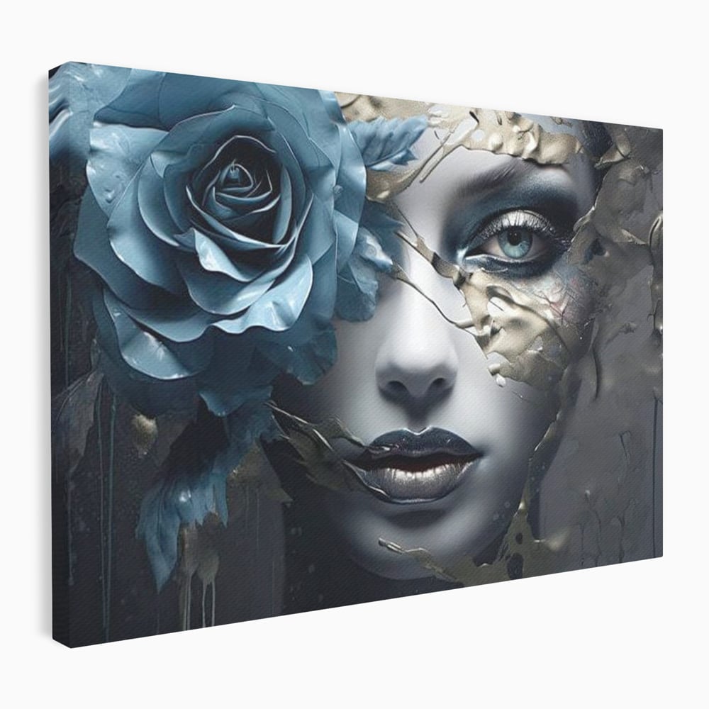 Tablou Canvas Premium, LuxCanva® G1202, Chip in Reconstructie, Cicatrici, Auriu, Albastru, Trandafir, Chip, Metamorfoza, Imposibil, Fisura, Poezie, Emotie, Gotic, Birou, Living, Dormitor