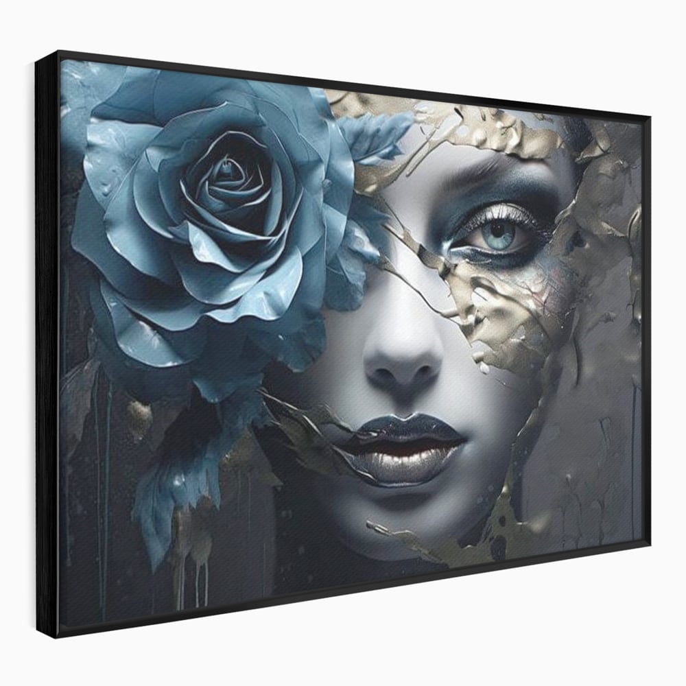 Tablou Canvas Premium, LuxCanva® G1202, Chip in Reconstructie, Cicatrici, Auriu, Albastru, Trandafir, Chip, Metamorfoza, Imposibil, Fisura, Poezie, Emotie, Gotic, Birou, Living, Dormitor