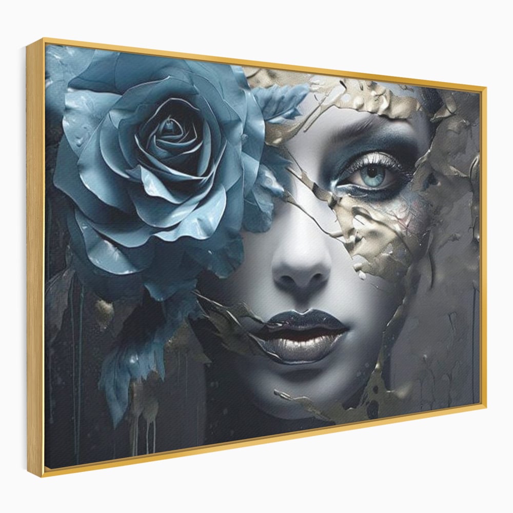 Tablou Canvas Premium, LuxCanva® G1202, Chip in Reconstructie, Cicatrici, Auriu, Albastru, Trandafir, Chip, Metamorfoza, Imposibil, Fisura, Poezie, Emotie, Gotic, Birou, Living, Dormitor