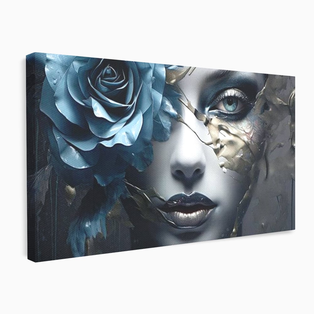 Tablou Canvas Premium, LuxCanva® G1202, Chip in Reconstructie, Cicatrici, Auriu, Albastru, Trandafir, Chip, Metamorfoza, Imposibil, Fisura, Poezie, Emotie, Gotic, Birou, Living, Dormitor