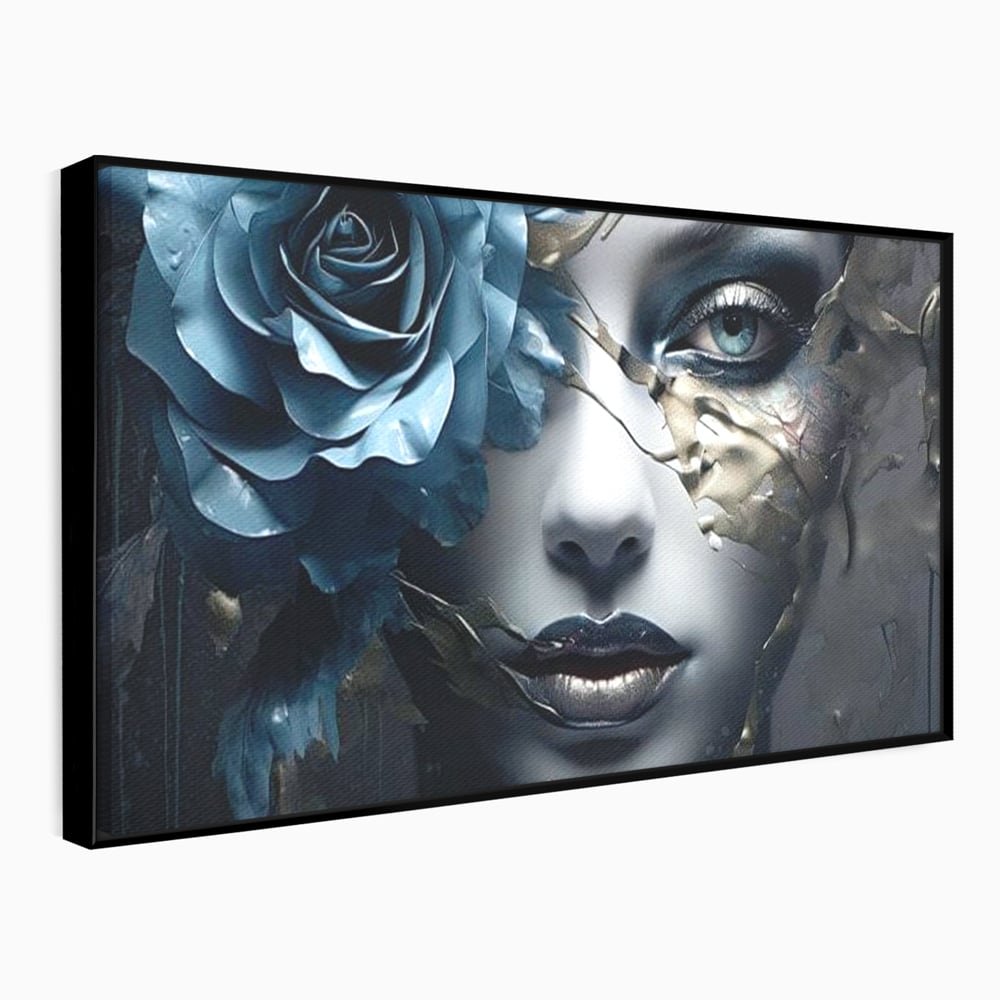 Tablou Canvas Premium, LuxCanva® G1202, Chip in Reconstructie, Cicatrici, Auriu, Albastru, Trandafir, Chip, Metamorfoza, Imposibil, Fisura, Poezie, Emotie, Gotic, Birou, Living, Dormitor