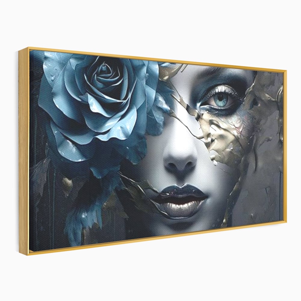 Tablou Canvas Premium, LuxCanva® G1202, Chip in Reconstructie, Cicatrici, Auriu, Albastru, Trandafir, Chip, Metamorfoza, Imposibil, Fisura, Poezie, Emotie, Gotic, Birou, Living, Dormitor
